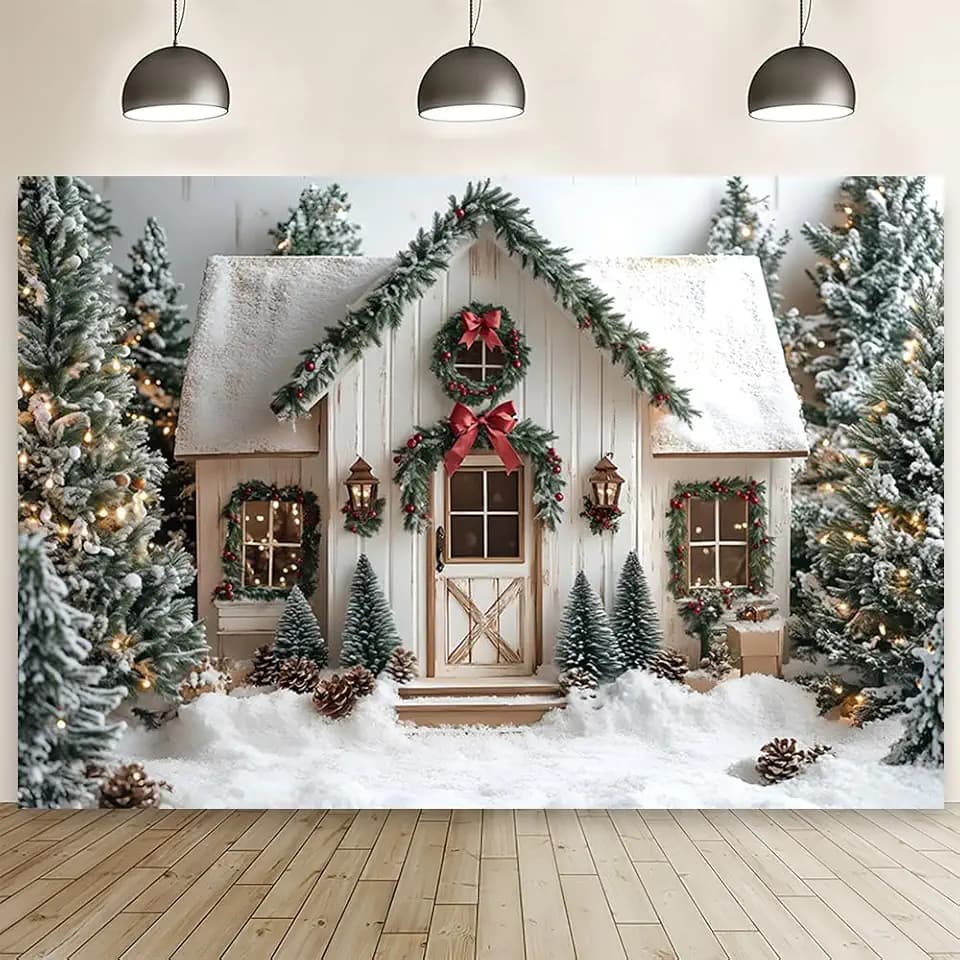 MEHOFOND 7x5ft Winter Christmas Tree Decoration Photography Backdrops White House Retro Wood Door Winter Snowfield Photo Background