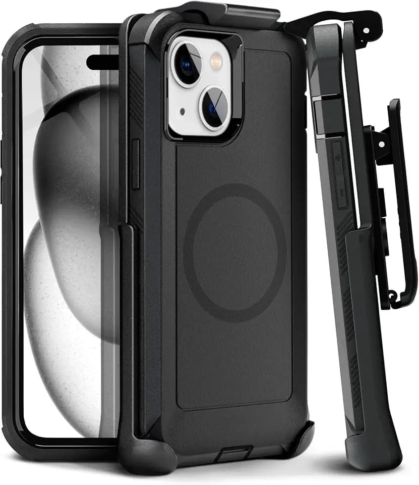 Motive Entworfen für iPhone 15 Hülle mit Gürtelclip, magnetische Hülle, Magsafe kompatibel, strapazierfähig und vierschichtig, militärischer Schutz für iPhone 15 Holster, 15,5 cm (6,1 Zoll) | Schwarz