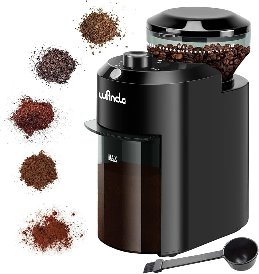 Wancle Elektrische Kaffeemühle - Einstellbarer scheibenmahlwerk kaffeemühle für Kaffeebohnen mit 28 Präzisen Mahlstufen - Perfekt für 12 Tassen (Kunststoff, Schwarz)