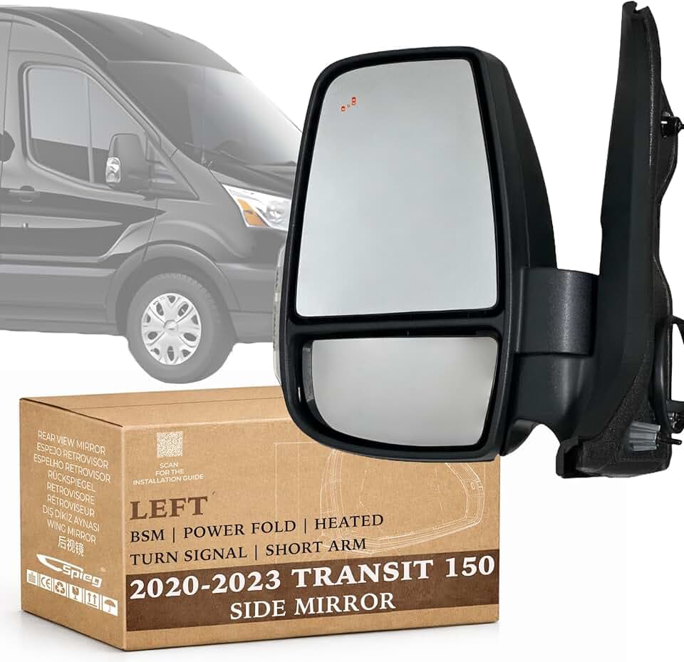 Spieg Driver Side Mirror for 2020-2023 Ford Transit 150 250 350 Short Arm with Power Folding Blind Spot Monitoring BSM Turn Signal Textured Black 10 Pins Left FO1320654