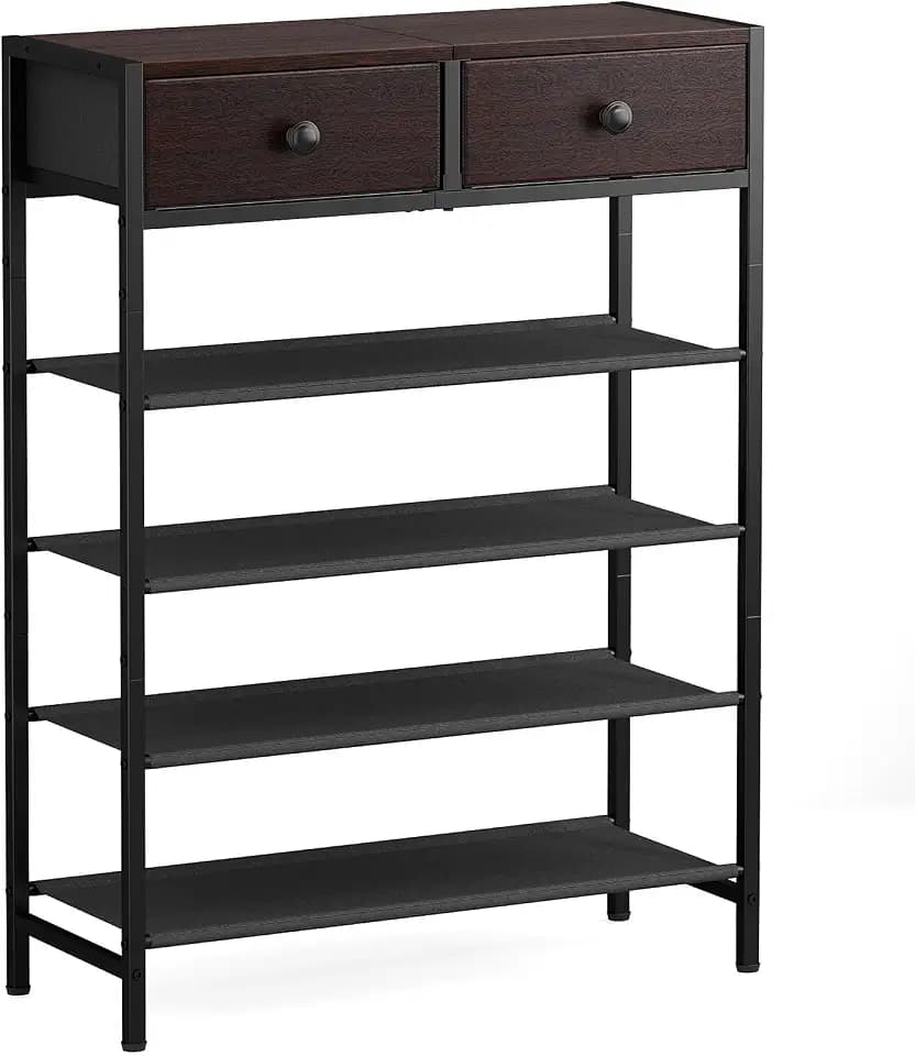 5 Tier Shoe Rack with Drawers, Metal & Wood Shelf Dark Brown