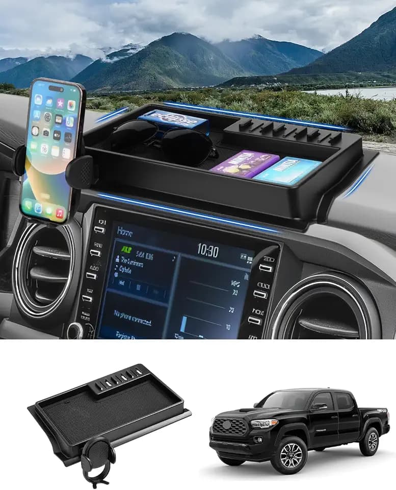 Autorder Phone Holder Mount for Toyota Tacoma 2016-2023 Accessories Center Console Dashboard Organizer with Gopro Mount 360° Rotation Phone Stand with Anti-Slip Mat Hands-Free Shockproof
