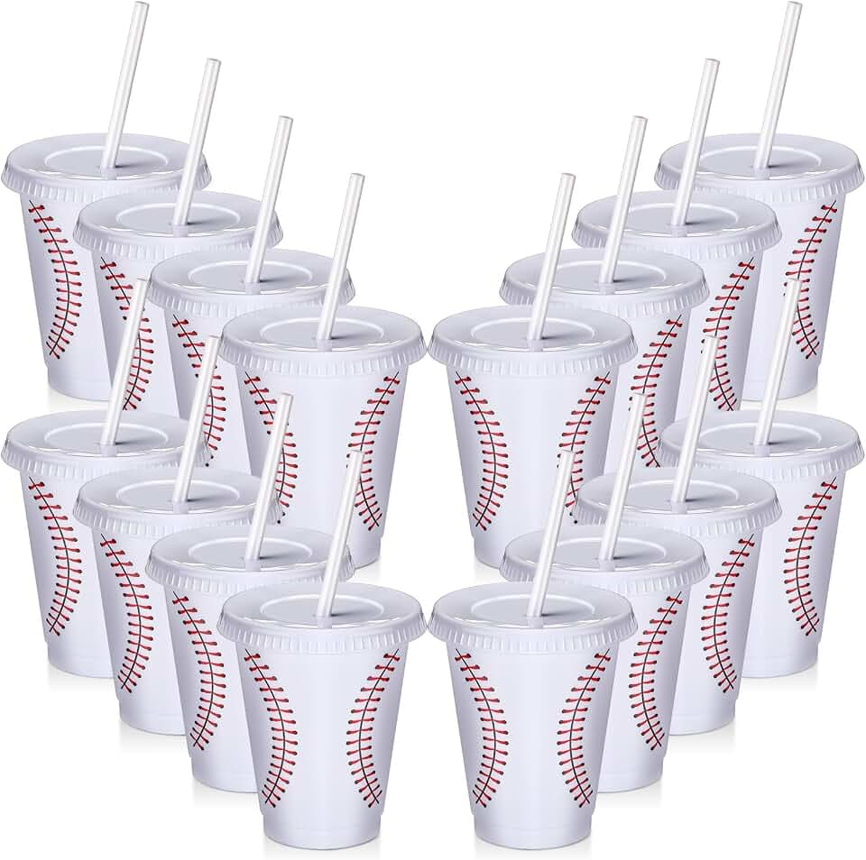 Ziliny 12 Pcs Baseball Party Plastic Cups with Straws and Lids Bulk