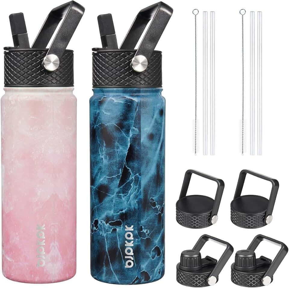 BJPKPK 2 Pack 22oz Insulated Water Bottles with Straw Lids, Stainless Steel