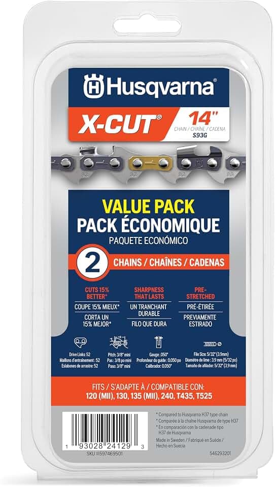 Husqvarna X-Cut S93G 14 Inch Chainsaw Chain, 2 pack, 3/8" mini Pitch, .050" Gauge, 52 Drive Link Chainsaw Blade Replacement, Pre-Stretched and Low Kickback, Gray