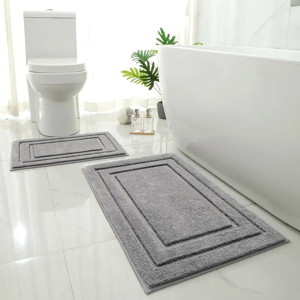 HOMEIDEAS Bathroom Rugs Sets 2 Piece, Super Soft Non Slip Bath Mat Grey