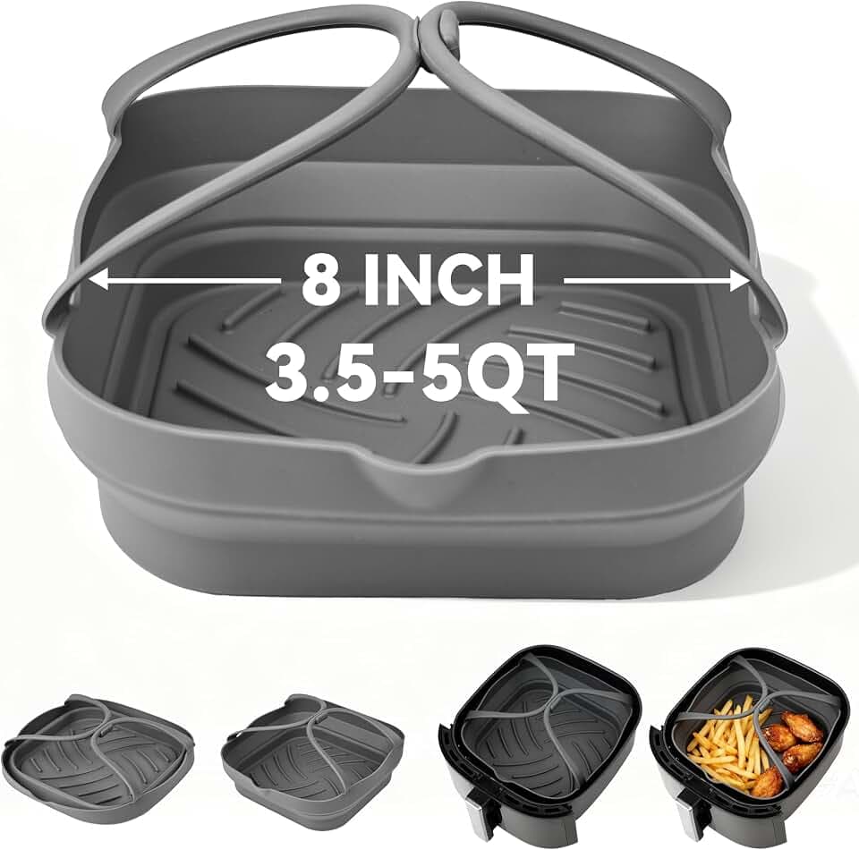 Silicone Air Fryer Liners with Handles: 8.3 Inch Square Reusable Airfryer Basket Liner for 3.5-5 Qt - Baking Tray Insert Cooking Air Fryer Accessories for Cosori Philips Ninja Instant Vortex And More