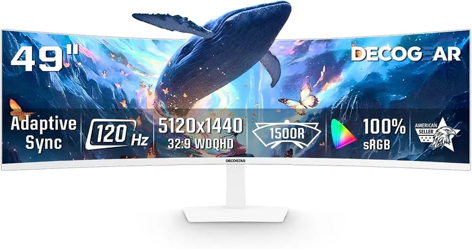 Deco Gear 49" Curved Ultrawide 5K Gaming Monitor, 32:9, 120 Hz, 101% NTSC 100% sRGB, USB-C 65W, Adjustable, Home Office and Entertainment Workstation - Exclusive White Edition