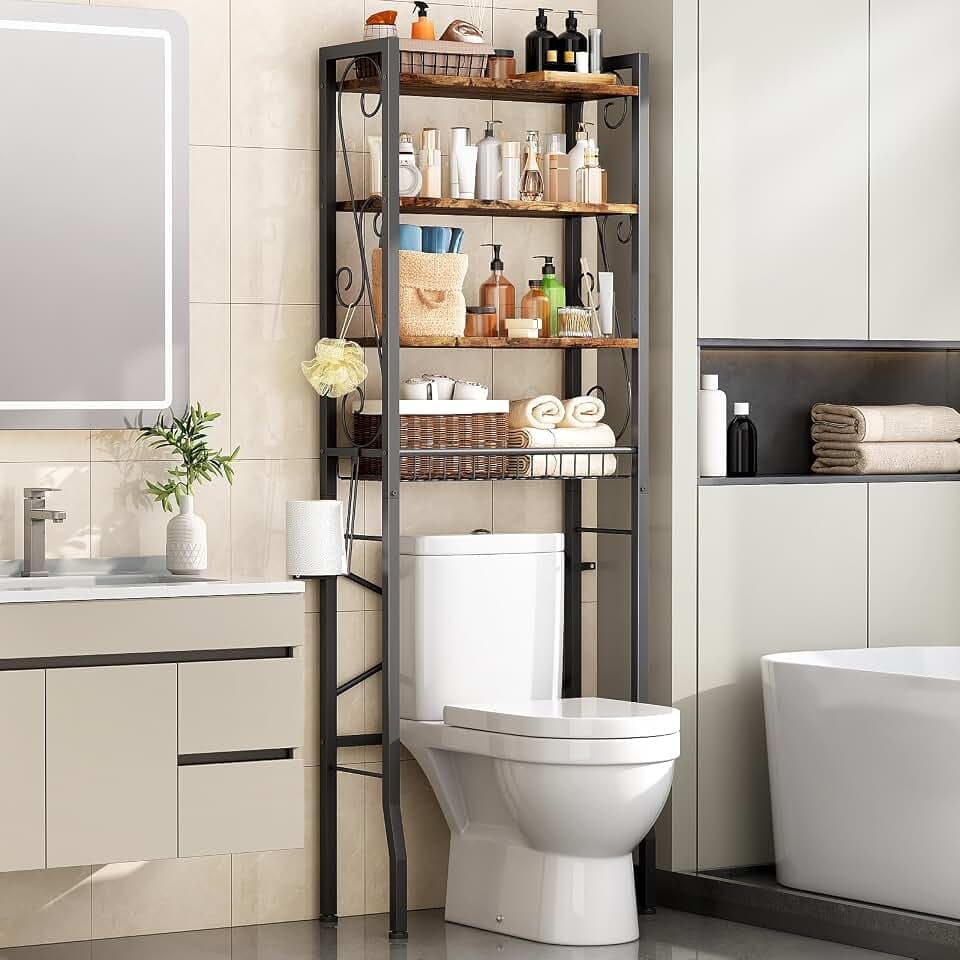 Over-The-Toilet Storage Rack 4-Tier,Bathroom Organizer Shelf Over Toilet,Adjustable Wooden Shelves and Basket,Freestanding Above Toilet Shelf,Space Saver for Rooms(Black Rack-Rustic Brown Shelves)