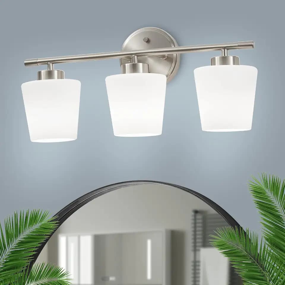 19 Inches Brushed Nickel Vanity Light for Bathroom 3 Light Bathroom Light Fixtures over Mirror Milk Glass Makeup Shower Lamp Farmhouse Wall Sconce Modern Desk Vintage Rustic Bath Sink Lighting