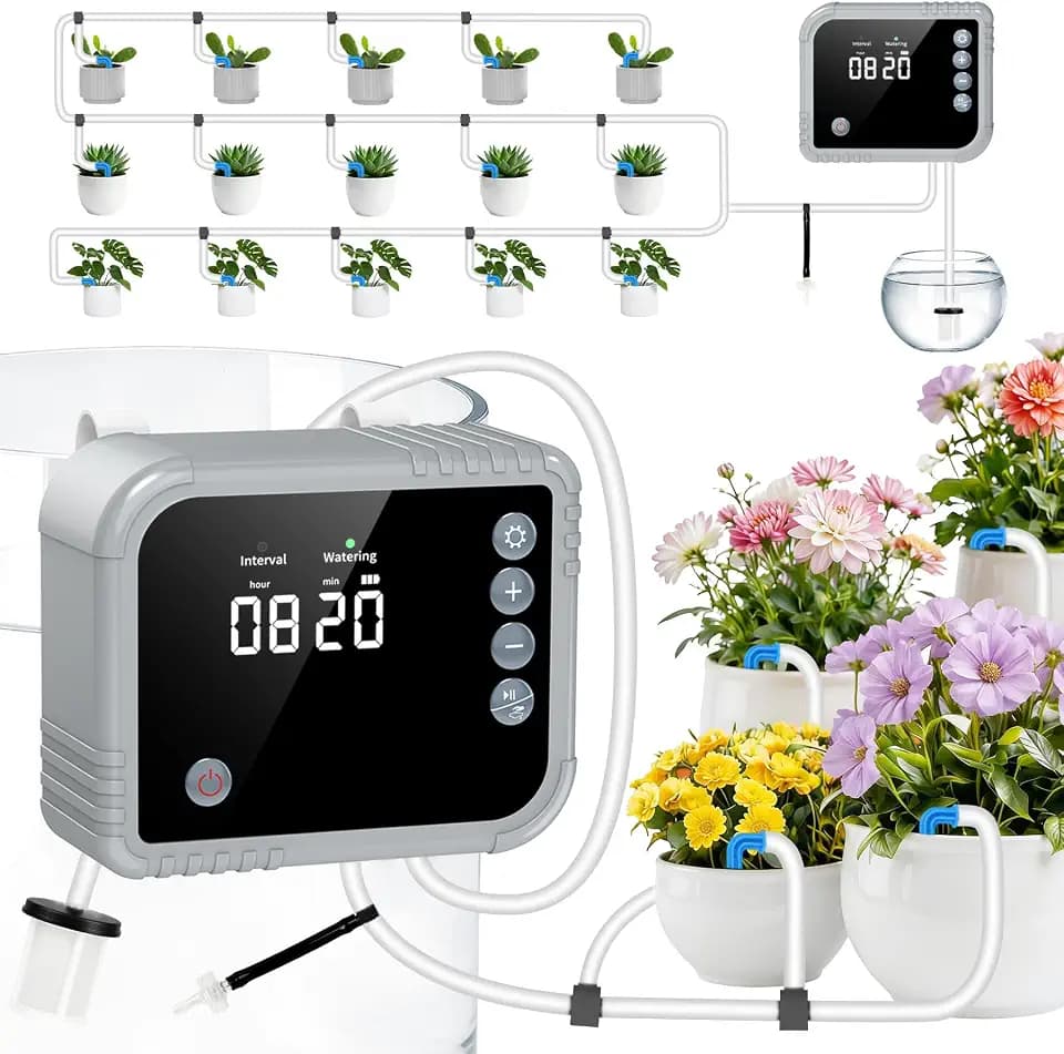 Bewässerungssystem Automatische bewässerung für Indoor, mit LCD-Display für bis zu 15 Topfpflanzen,Tropfbewässerungsset mit 350 Modi and Type-C aufladbar,Anti-Siphon Tropfbewässerung für Urlau
