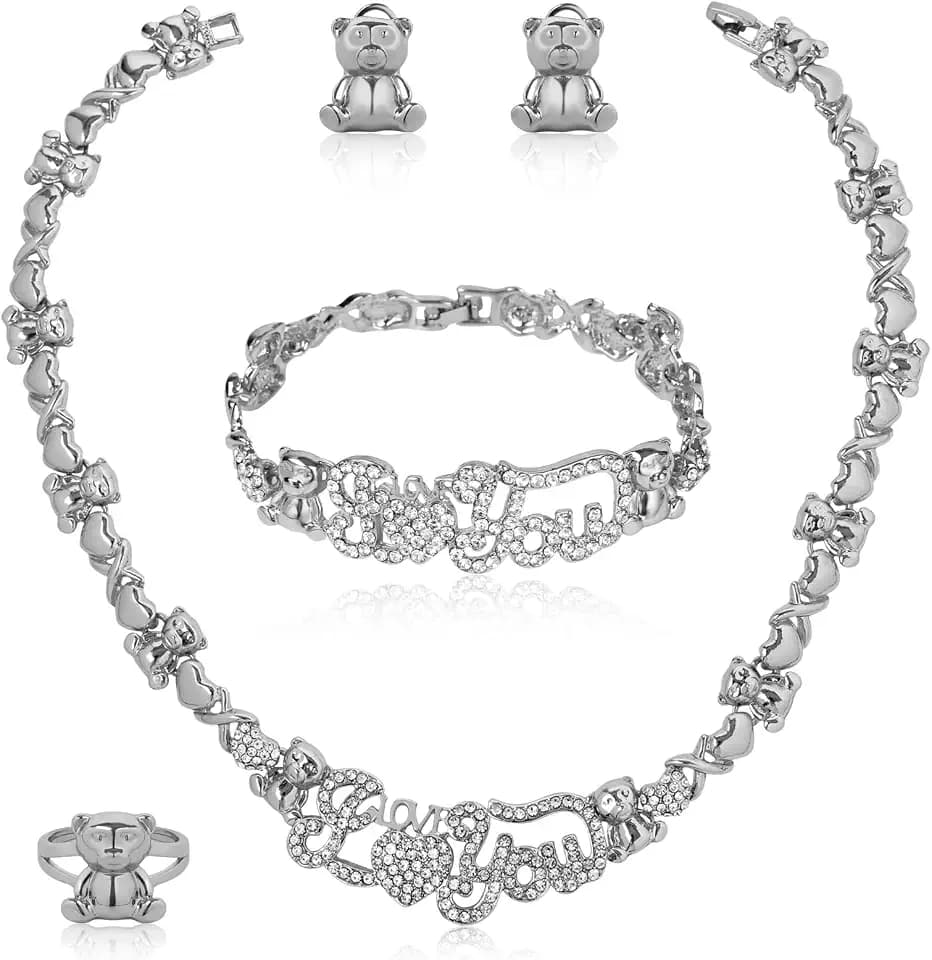 African Necklace Set Hugs and Kisses Gold Jewelry Sets For Women 18k Gold/Silver Filled LOVE Necklaces Jewelry Sets Wedding Jewelry Necklace Earrings Bracelet Ring Gifts