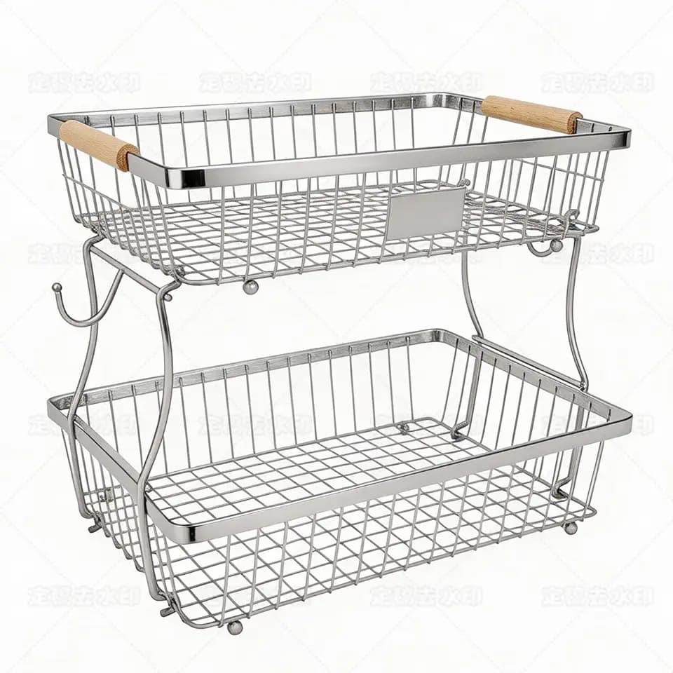 Fruit Basket Bowl 2 Tier Detachable with 2 Banana Hangers, Fruit Stand Holder for Kitchen Countertop, Metal Wire Vegetable Storage Organizer, for Bread Snack Veggies Produce, Chrome