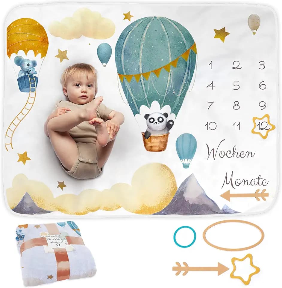 Baby Meilenstein Decke auf Deutsch | Monatsdecke Baby Junge & Mädchen, Unisex | Motiv Luftballon | Personalisiertes Neugeborenen-Geschenk für Mütter | Babydecke | Meilensteindecke und Rahmen