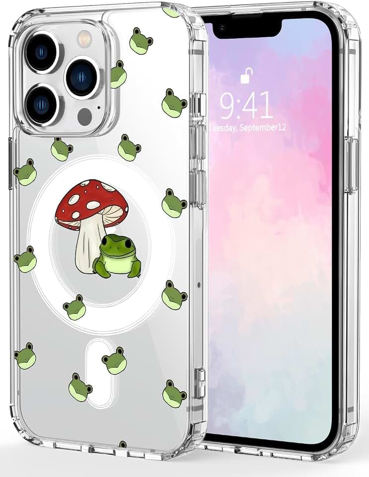 für iPhone 12/12 Pro Hülle, Compatibel mit MagSafe, Magnetische Hülle mit niedlichem Frosch und Pilz-Muster, Sturzschutz Case, Kratzfeste Rückseite handyhülle, Klar
