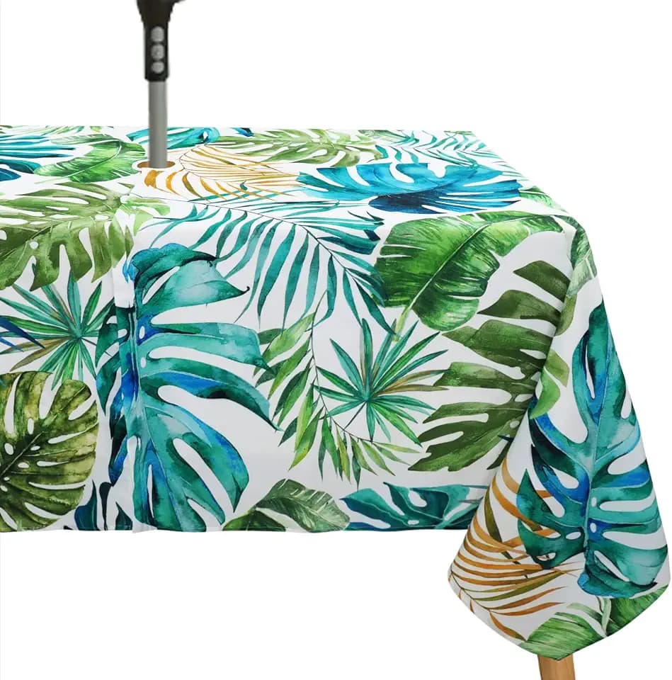 Tropical Leaves Outdoor Tablecloth with Umbrella Hole for Rectangle Table, Waterproof Green Leaf Patio Table Cloth with Zipper - 60 x 120 inches