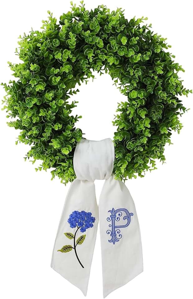 Boxwood Wreath for Front Door Spring Summer Wreaths for Farmhouse,Last Name Initial Year Round Porch Decor,20 inch Geen Door Wreath with Personalized Monogram sash Embroidered Hydrangea and Letter- P