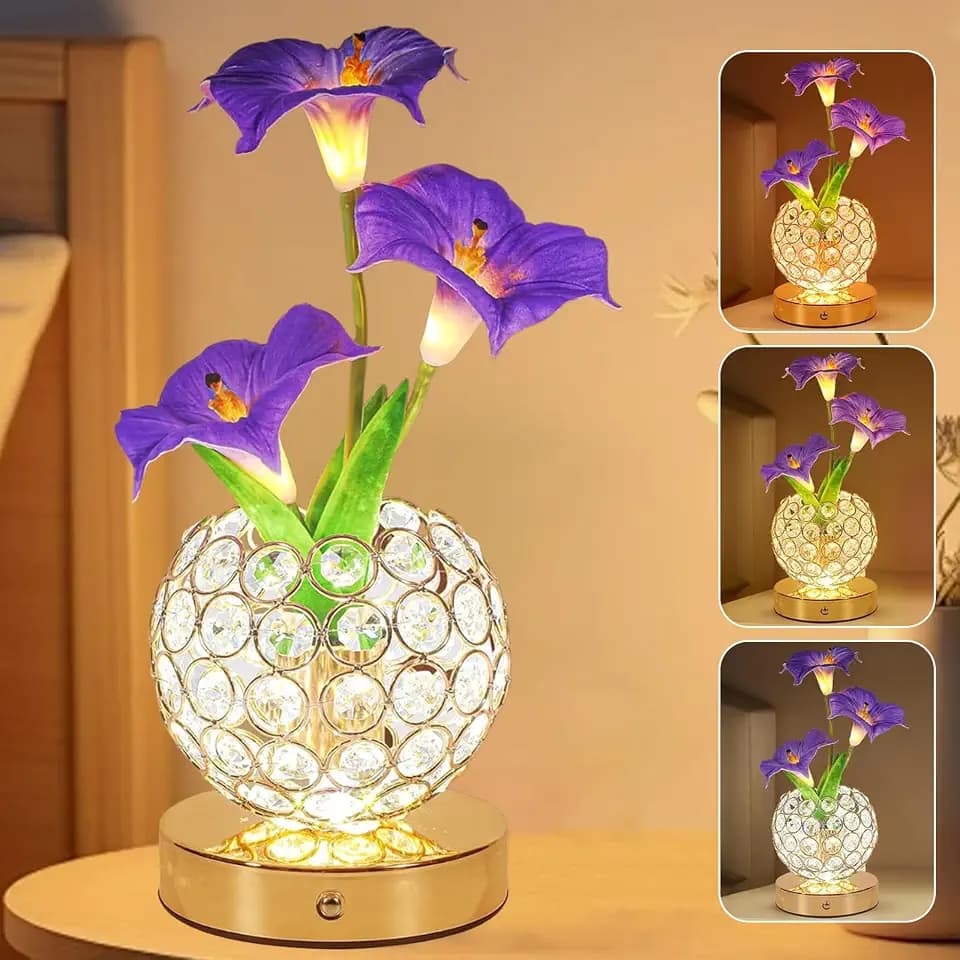 Flower Table Lamp, 3 Colors Touch Stepless Dimming Crystal Night Light, Rechargeable Artificial Morning Glory Light, LED Flower with Vase Lamp Romantic Decor for Date Party Home (Morning Glory-Purple)
