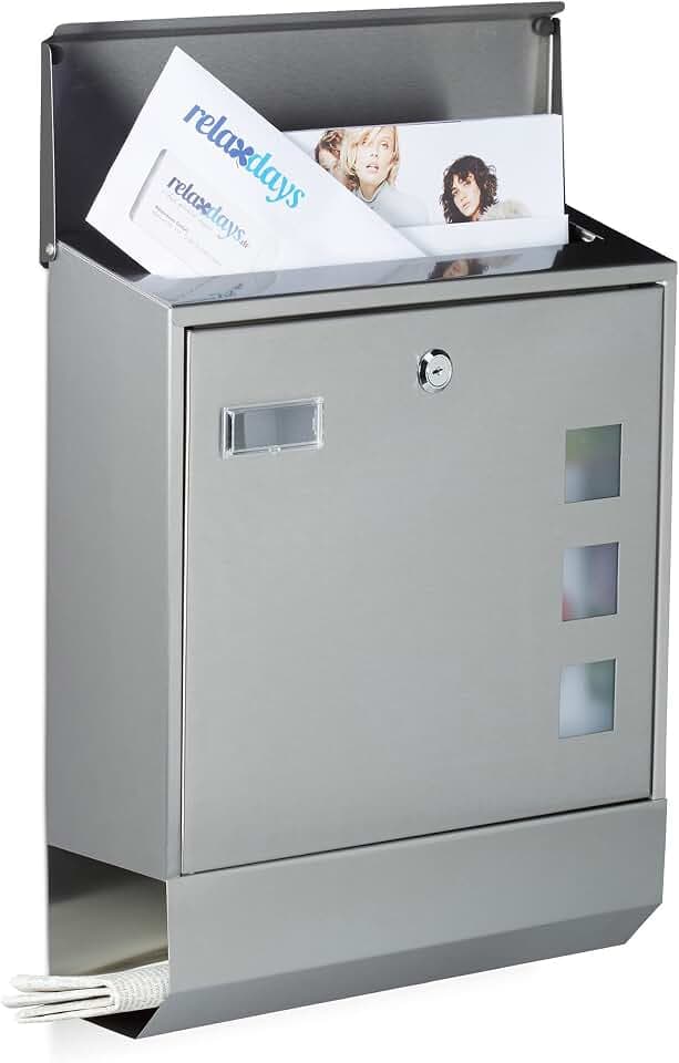 Relaxdays Briefkasten Edelstahl mit Zeitungsfach, Namensschild, Sichtfenster, HxBxT: 42 x 35 x 12,5 cm, Design, silber