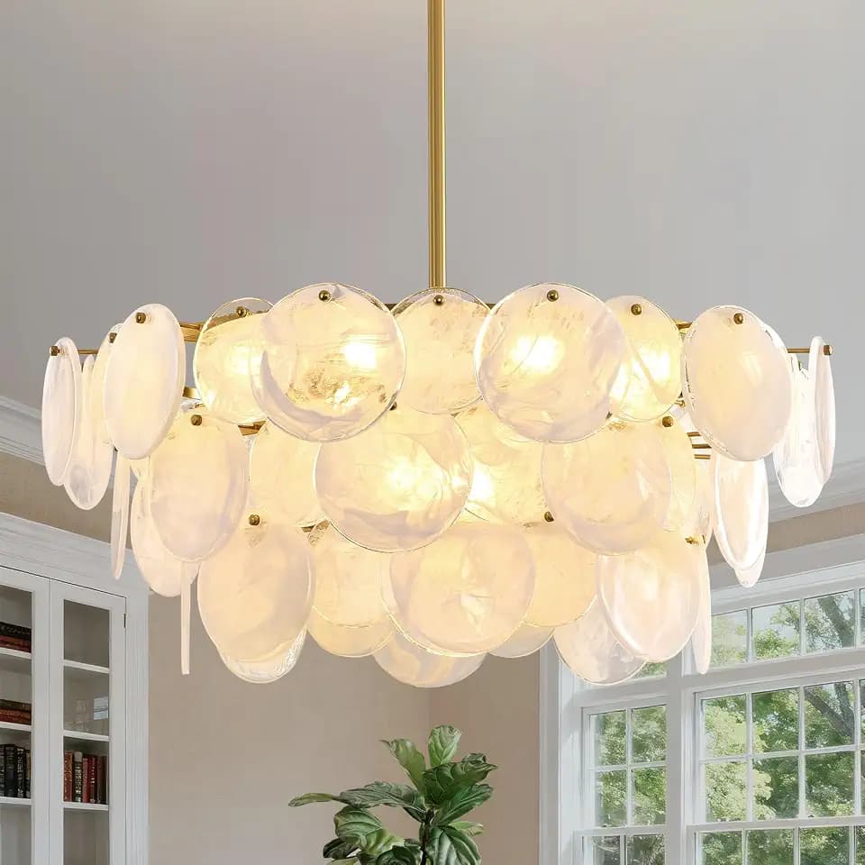 Large Gold Modern Glass Chandelier, 31.5-inch Round Adjustable Height Hanging Light Fixtures with Cloud Glass Shade, Luxury Hanging Fixture for Living Room, Foyer, Bedroom, E12 Base Crystal Lighting