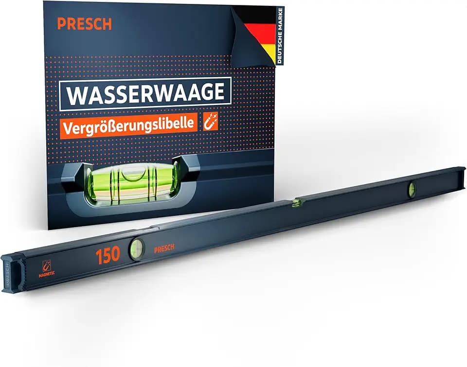 Presch Wasserwaage magnetisch 150cm - Bruchfeste Weitwinkellibelle inkl. 2% Gefälle-Anzeige - Vertical-View-Funktion dank Sichtfenster - Innovative Anti-Rutsch‑Endkappen & präzise Messfläche