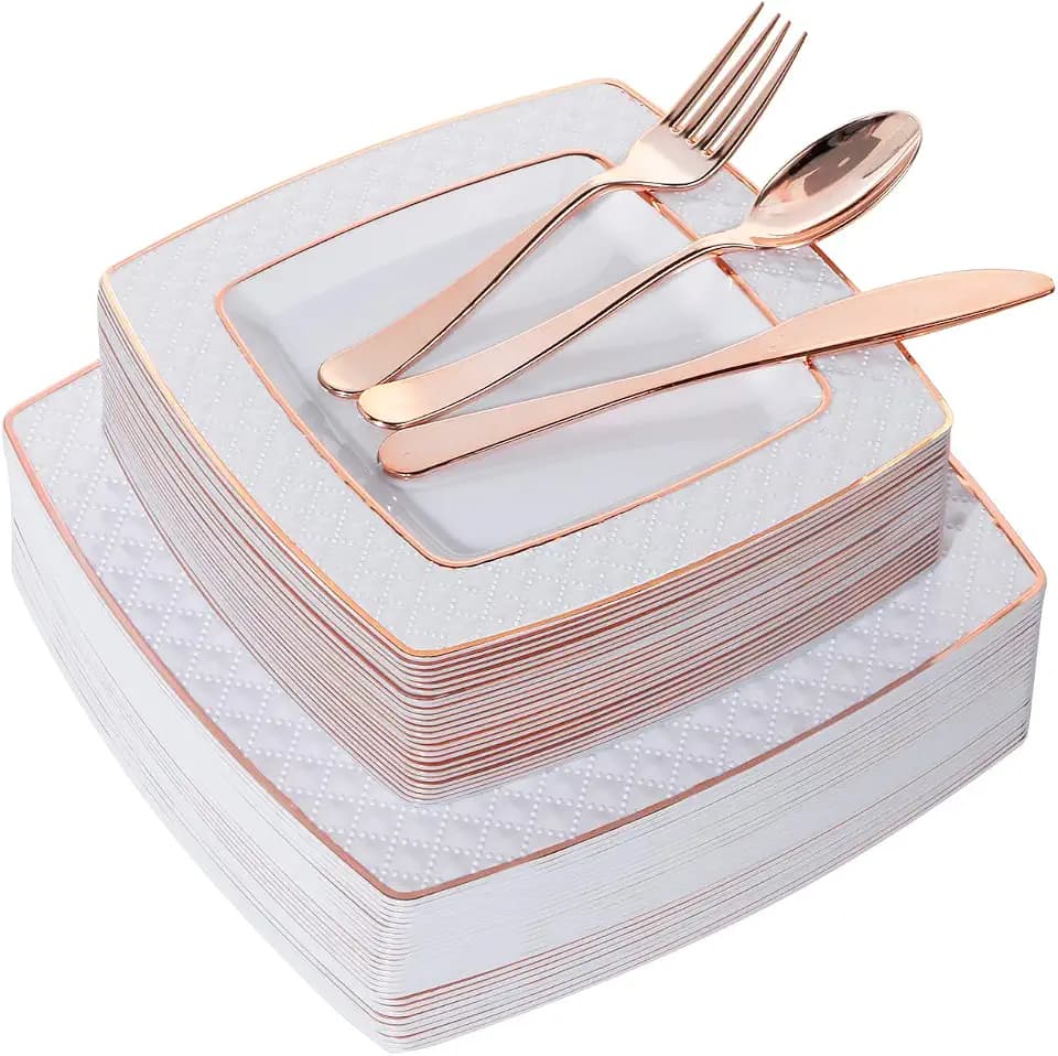 supernal 125pcs Rose Gold Dinnerware Set,Rose Gold Cutlery,Square Dessert Plates with Rose Gold Rim,25 Dinner Plates, 25 Salad Plates,25 Knives,25 Spoons,25 Forks,Suit for Mothers Day,Wedding