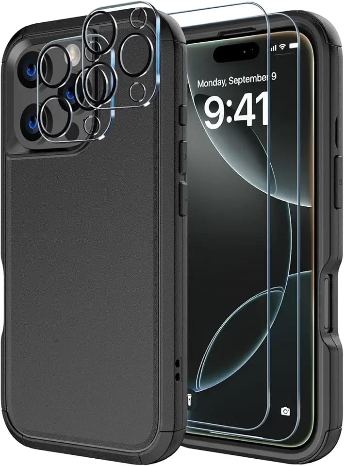 Diverbox for iPhone 16 Pro Case [Shockproof] [Dropproof] [Tempered Glass Screen Protector + Camera Protectors] Heavy Duty Protection Phone Case Cover for Apple iPhone 16 Pro (Black)