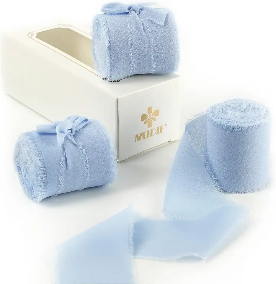 MEEDEE Blue Chiffon 2 Inch Ribbon Fringe Chiffon Ribbon Light Blue Frayed Ribbons for Crafts Silk Chiffon Ribbons for Gift Wrapping Wedding Invitation, Bridal Bouquet (3 Rolls 21 Yards)