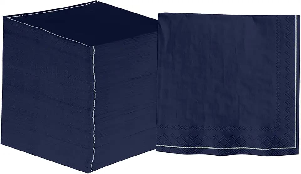 Luxe Party 120 Pack Sqaure Cocktail Napkins, Disposable, Premium 3 Ply Paper, 5 x 5 Inch, Decorative Beverage Napkin, Navy with Silver Stripe