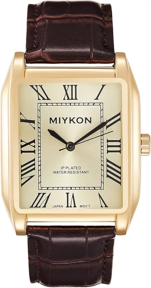 Miykon Men Vintage Tank Dress Watch, Genuine Leather Strap, Water Resistant