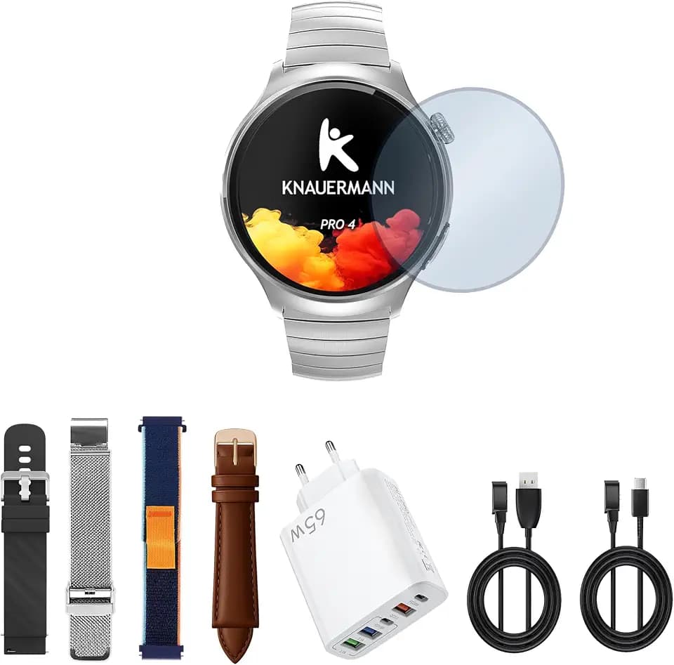 Knauermann PRO 4 EKG-Gesundheitsuhr mit Telefonfunktion – Smartwatch in Silber – Puls, Blutdruck, Blutsauerstoff, HRV, Schlafanalyse – Für Damen und Herren – Premium-Set mit 5 Armbändern Silber