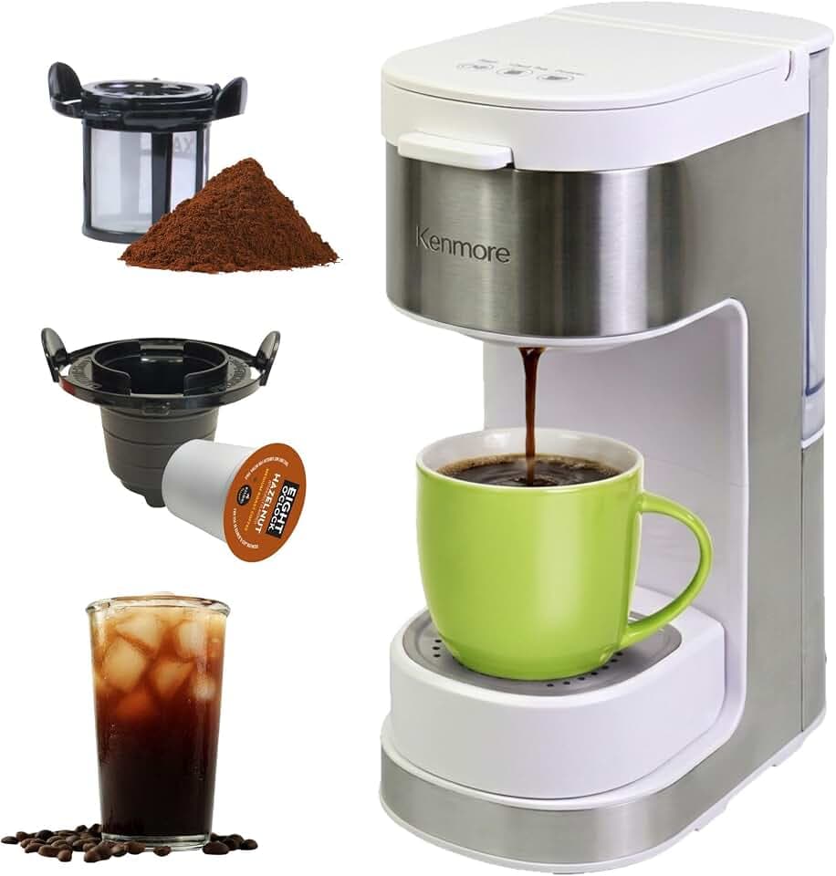 Kenmore Single Serve Coffee Maker – Compatible with Keurig K‑Cup Pods & Ground Coffee, One Cup Brewer, 6–12 Oz Brew Sizes, Travel Mug Friendly, Auto Shut‑Off, Hot & Iced Maquina de cafe, White