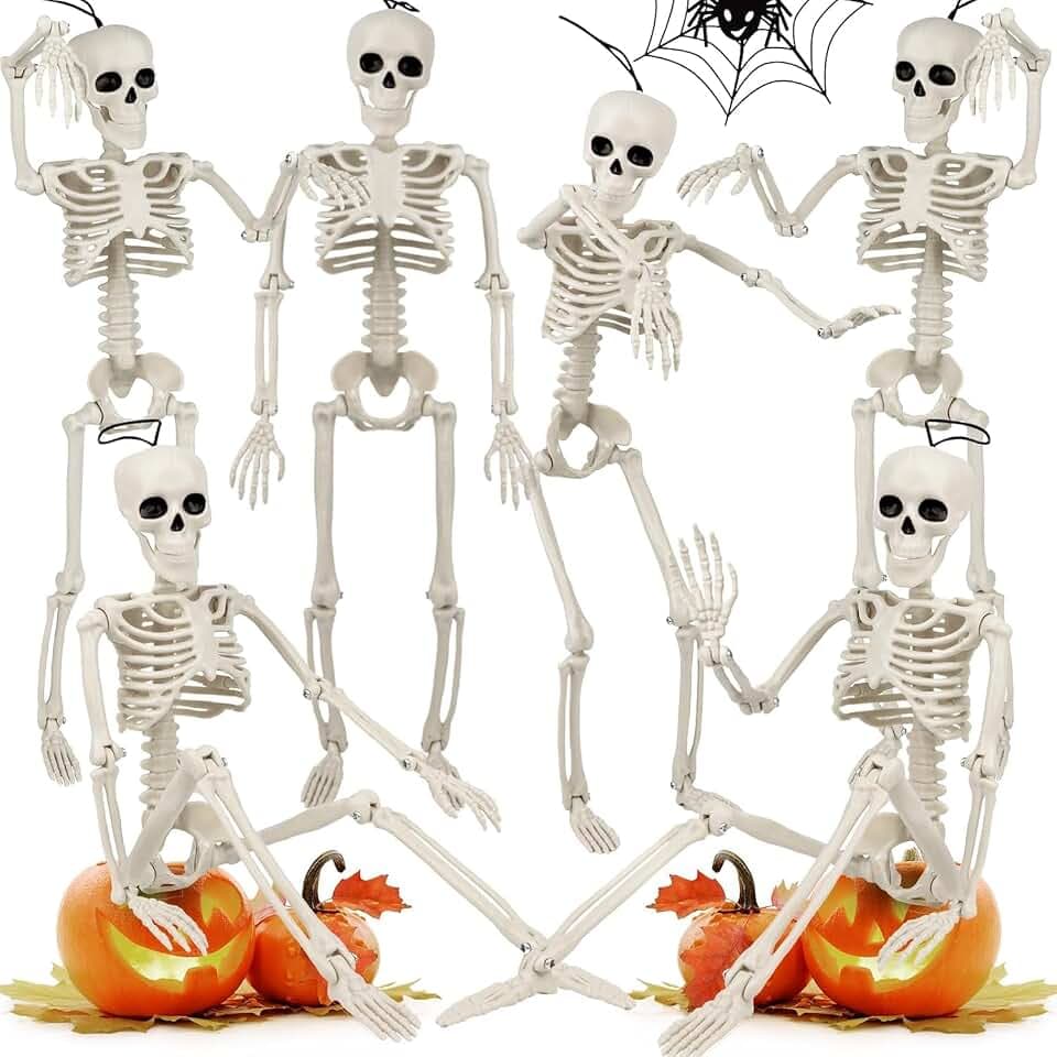 Halloween Skelett Dekoration – 6er-Pack 40 cm bewegliche Skelette mit Gelenken, für drinnen & draußen, für Hof, Party, Geisterhaus, Friedhof – gruselige Deko (6 Stück Weiß)