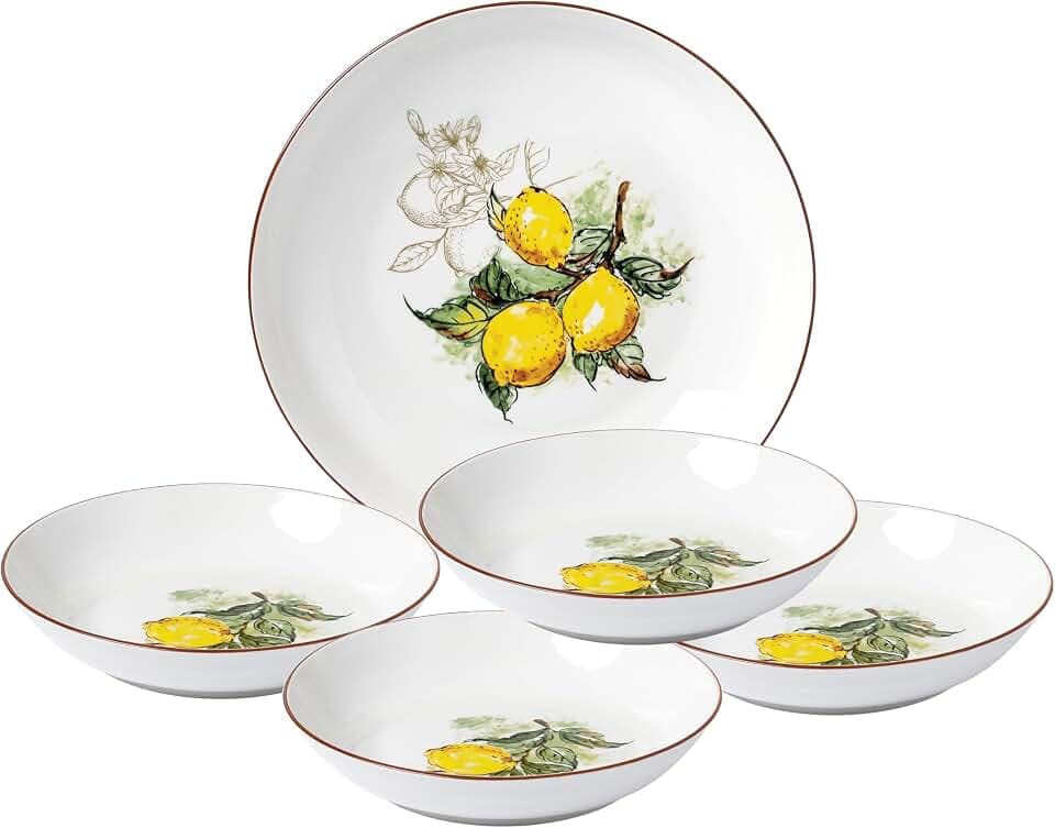 Porcelain Pasta Bowl Set, 11-inch Serving Bowl with 4 Individual 8-inch Bowls, Lemon Design Pattern