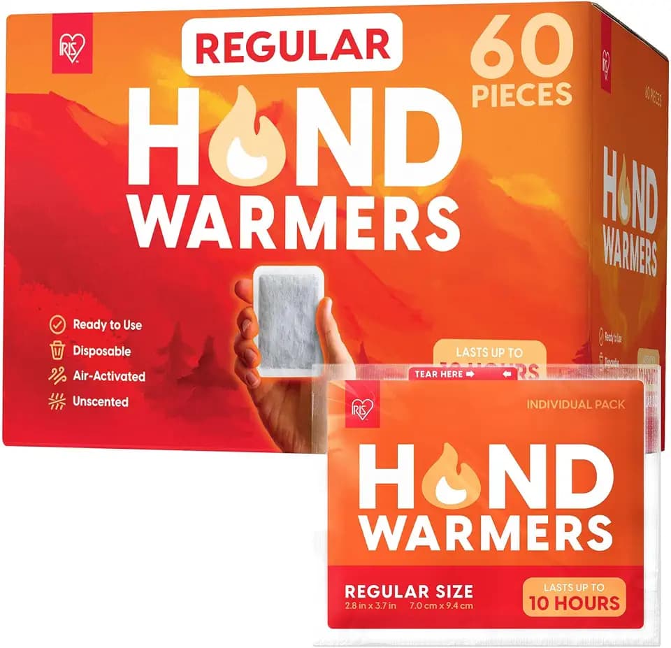 IRIS USA Hand Warmers, Regular/Large/Jumbo, 30/60 Individual Warmers, Regular/Adhesive Body Warmers Up to 10/12/18 Hours Disposable Handwarmer Bulk for Hot Hands Feet Chest Back, TSA-Approved, Camping