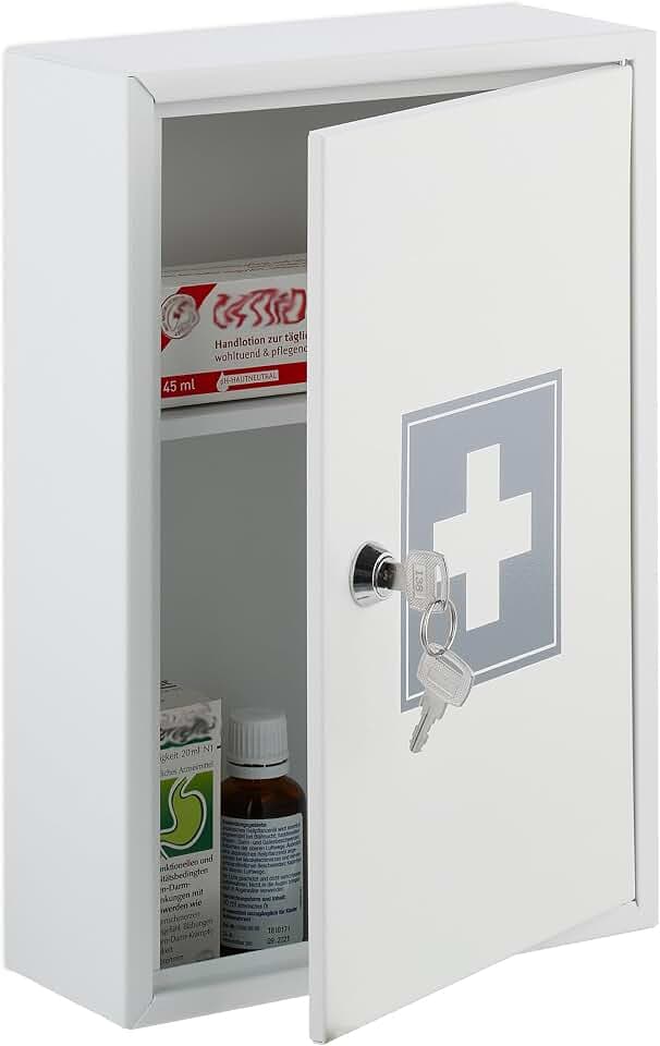 Relaxdays Medizinschrank, abschließbar, 2 Fächer, HxBxT: 32x21,5x8 cm, für Medikamente, Arzneischrank hängend, weiß/grau