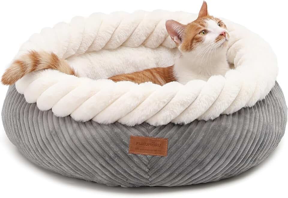 FUKUMARU Katzenbett waschbar Katzen Bettchen, 55x55x21cm Katzenkorb mit erhöhtem Rand, weiches Bett aus Cord, rutschfeste Unterseite, groß,Grau