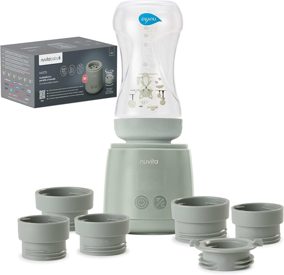Nuvita 1164 Mix70 Tragbarer Flaschenwärmer mit Mischfunktion, 5 Temperaturen bis 70°C, Universal mit 6 Adaptern inklusive, Wiederaufladbarer Akku, LED-Display, BPA-frei