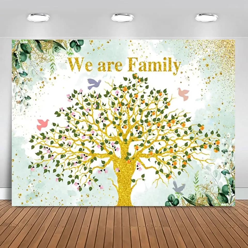 10x8ft Family Reunion Backdrop We are Family Golden Glitter Tree Photography Background Birds Green Eucalyptus Leaves Home Party Decoration Supplies Welcome Banner Photo Shoot Props