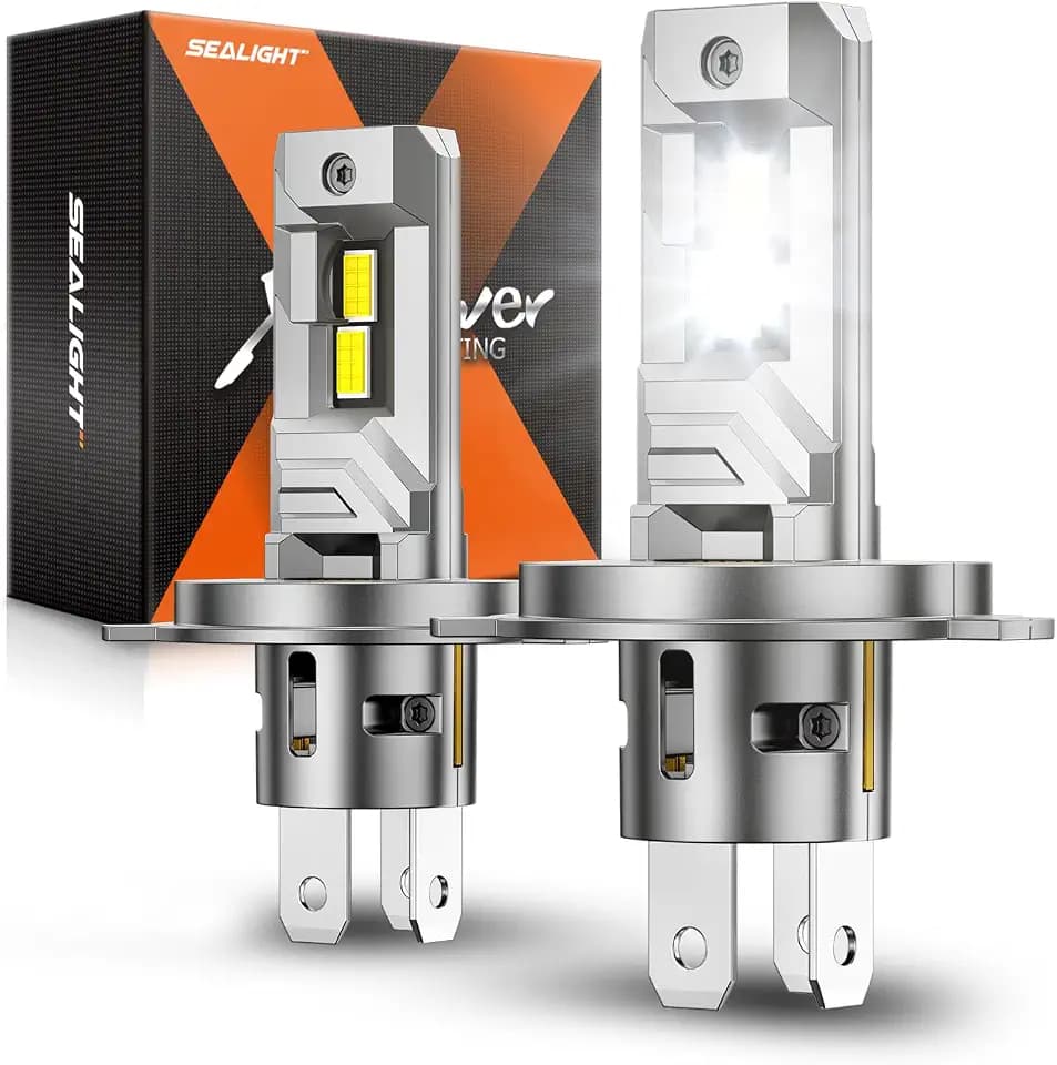SEALIGHT H4 Light Bulbs, 50,000 LM 8X Brightness with 5 Mins Plug-N-Play, Turbo Cooling Fan, 9003 White Light, IP68 Waterproof, H4 Fog Light, Pack of 2