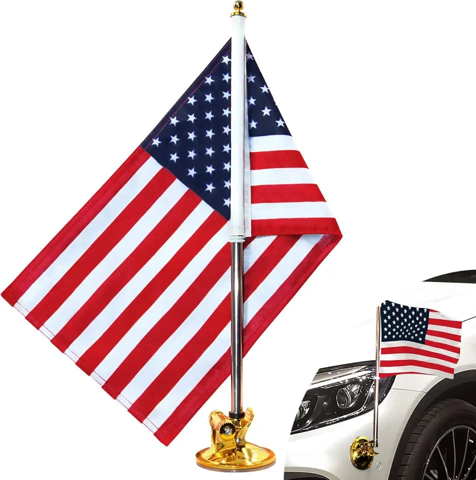 Anley US National Car Flag & Flagpole with Air Suction Mount - Outdoor Suction Cup Style Flag Pole for Car, Truck, Boat and Vehicle with American Flag (Set of 1)