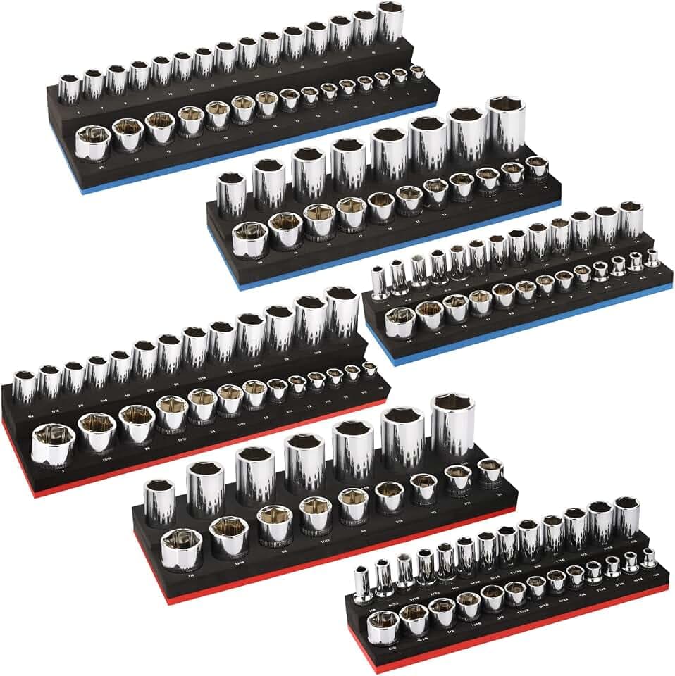 Socket Organizer Set, 6PCS Holder for Metric and SAE 1/2 Inch, 3/8 Inch 1/4 Sockets with Accurate Hole Size, Suitable Toolbox Tool Cart Storage (EVA foam, not included)