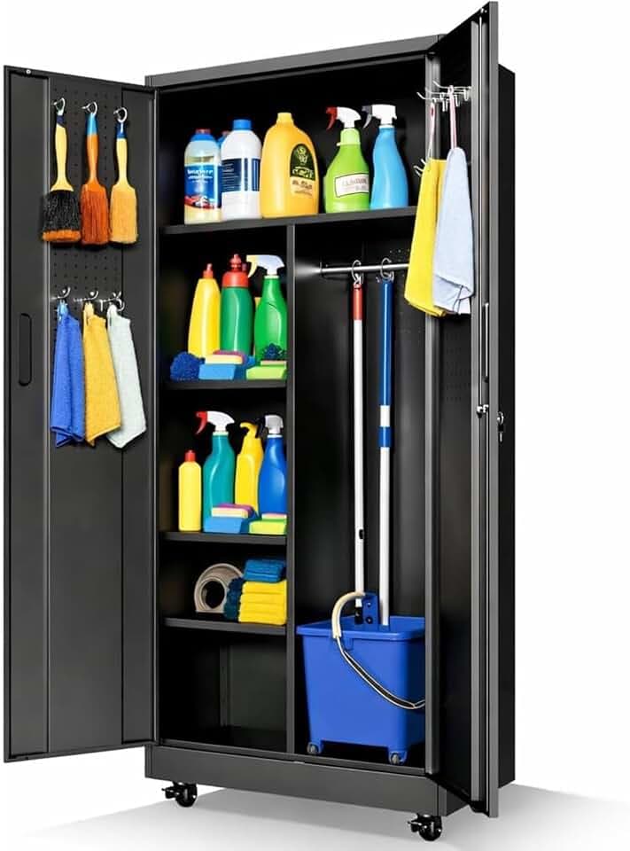 Metall-Garagenaufbewahrungsschrank mit Rollen, rollbarer Werkzeugschrank mit Steckboard und Regalen, Montage erforderlich, schwarz