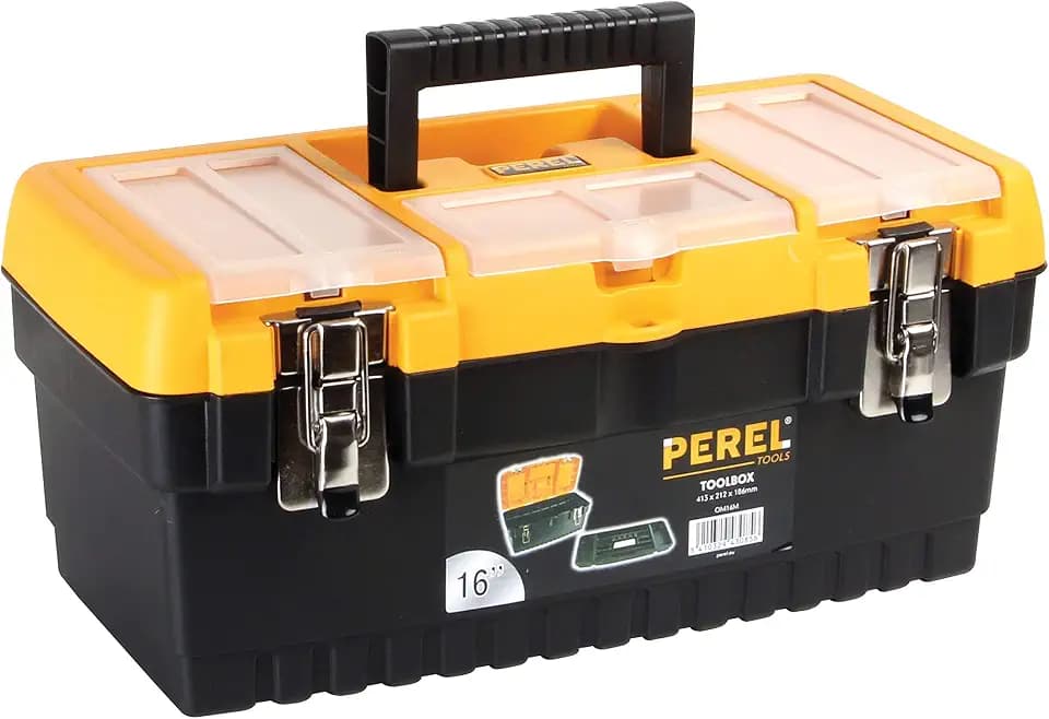 Perel Werkzeugkoffer 16,2L mit herausnehmbarer Einsatzschale und 3 Deckel-Organizern, Kunststoff Toolbox mit Metallverschlüssen und klappbarem Griff, Werkzeugkoffer 41,3 x 21,2 x 18,6 cm