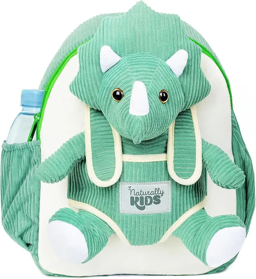 Naturally KIDS Toddler Backpack w. Plush Green Triceratops Toy, Medium