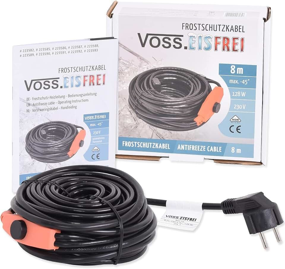 8m Frostschutz Heizkabel mit Knopf-Thermostat VOSS.eisfrei, 230V, Heizleitung Zum Schutz von Wasserleitungen und Weidetränken