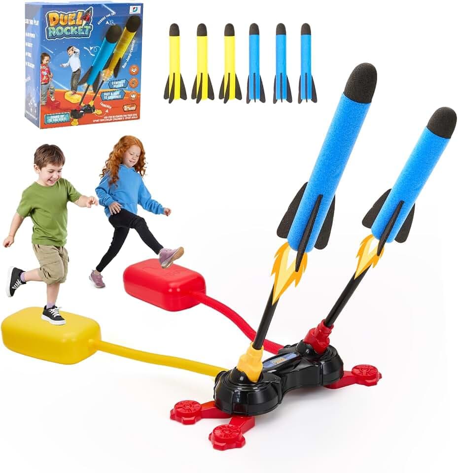 Raketen Spielzeug für Kinder, Outdoor Garten Spielzeug ab 3-12 Jahre Junge, Doppelluft Raketenwerfer mit 6Pcs Rocket für Kinder Geburtstag Weihnachten Geschenke
