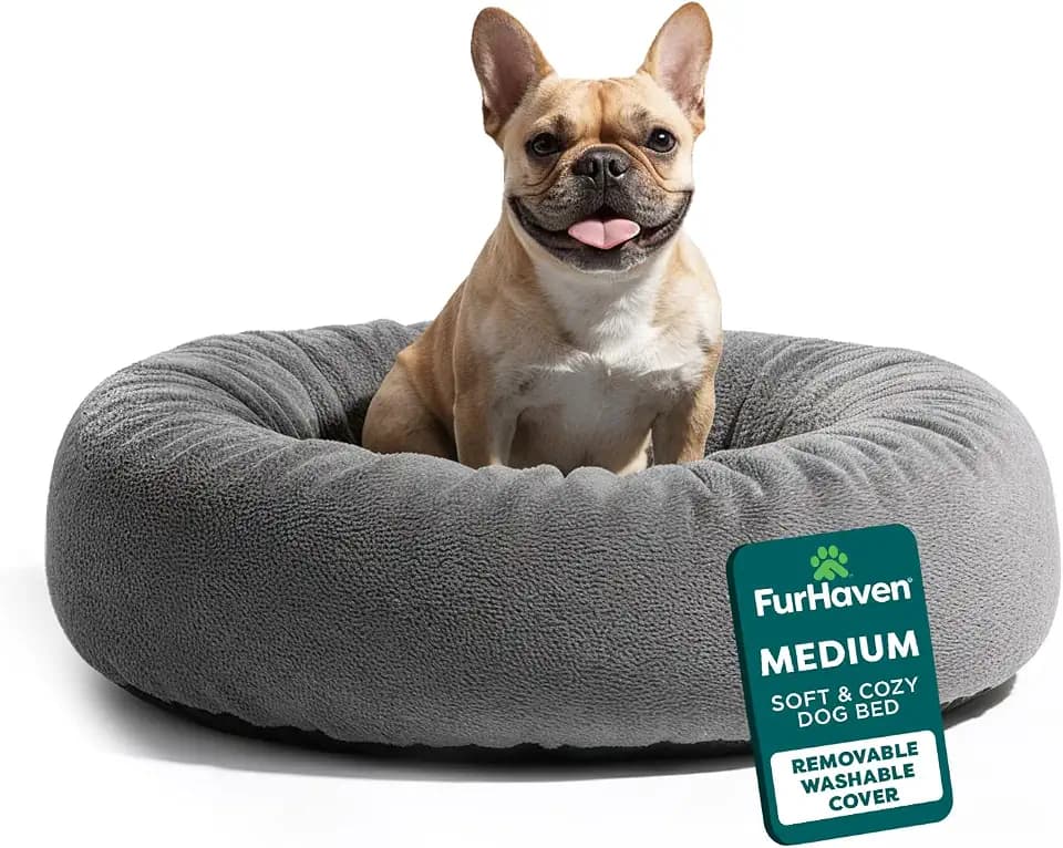 FurHaven Orthopedic Fur Ball Dog Bed for Medium Dogs, Refillable Beanbag-Style Nesting Bed with Removable Washable Cover & Liner, Medium, Plush Faux Fur, Gray Mist