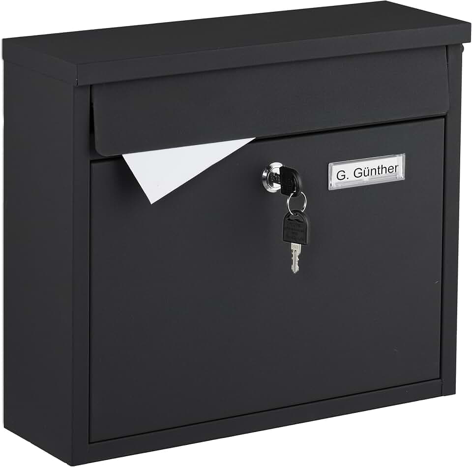 Relaxdays Briefkasten mit Namensschild, HxBxT: 31 x 36 x 12 cm, schwarz