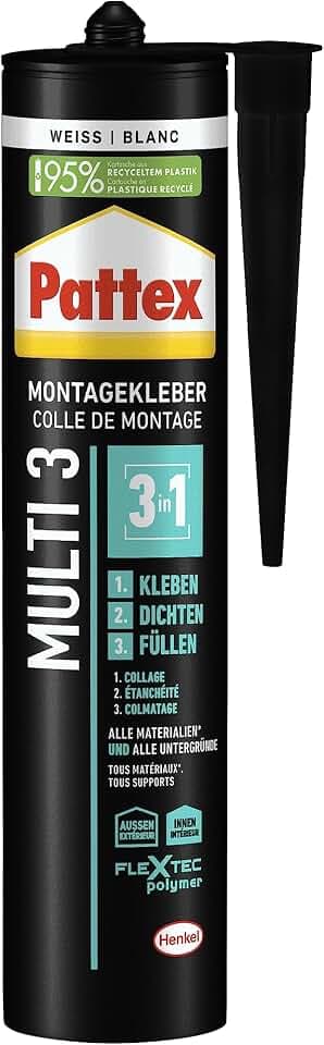 Pattex Montage Multi 3, 3in1 Montagekleber, starker Kraftkleber für fast alle Materialien*, wetterbeständiger Baukleber für innen und außen**, weiß, 1x390g Kartusche